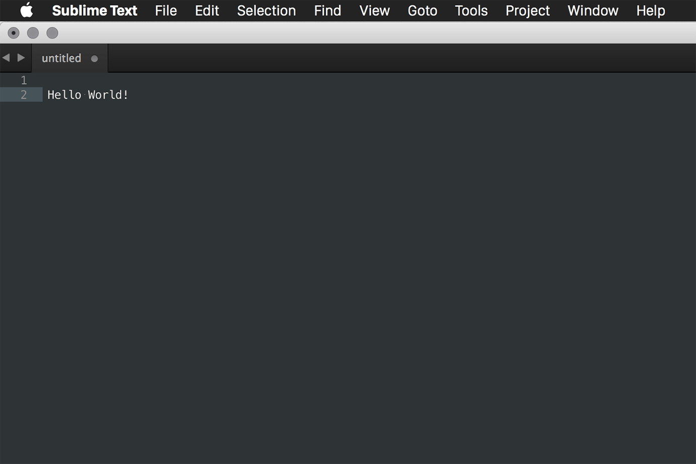 Image of Sublime Text with open file - Text: Hello World!.