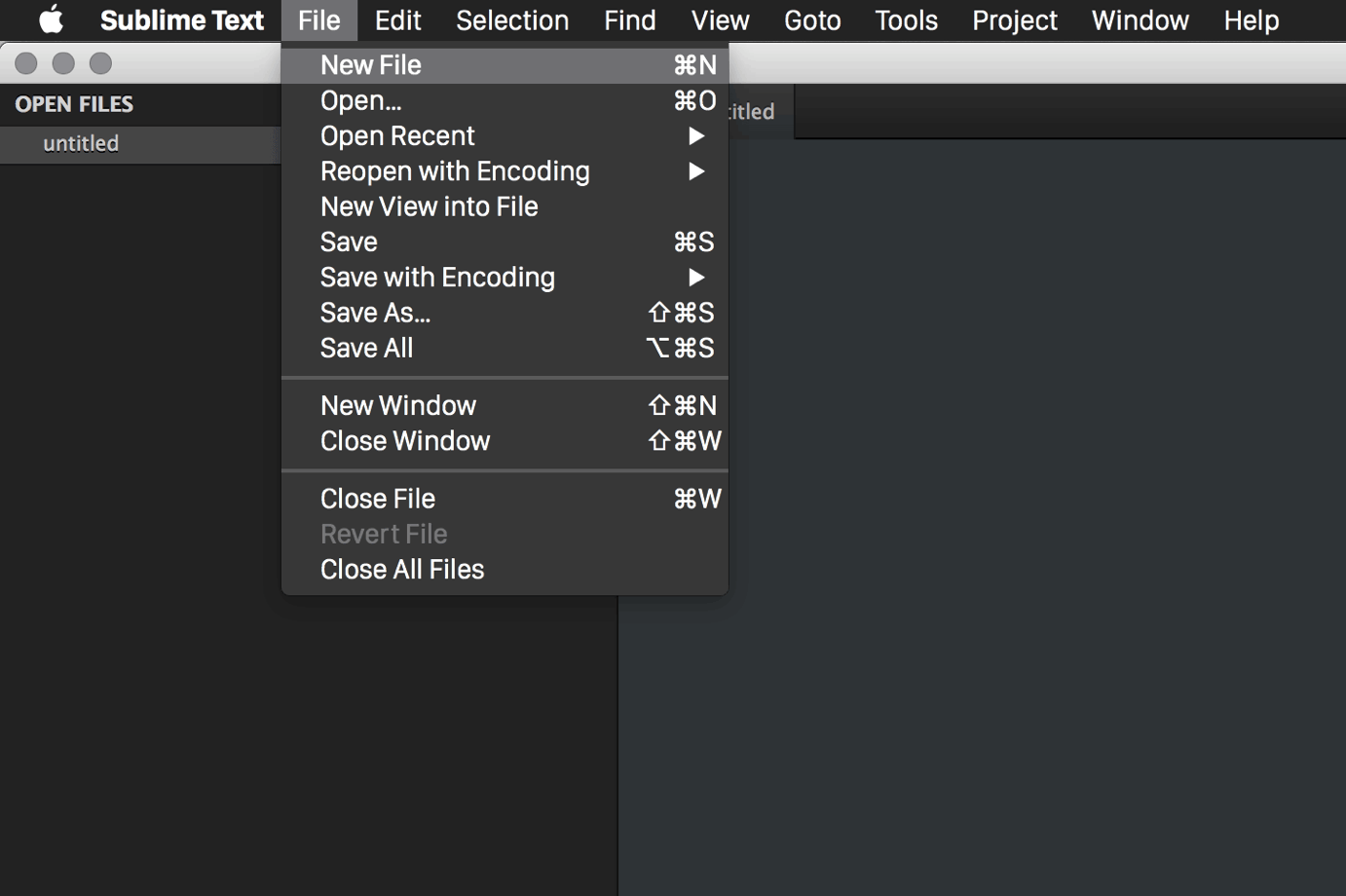 Image of Sublime Texts file menu - New file selected.